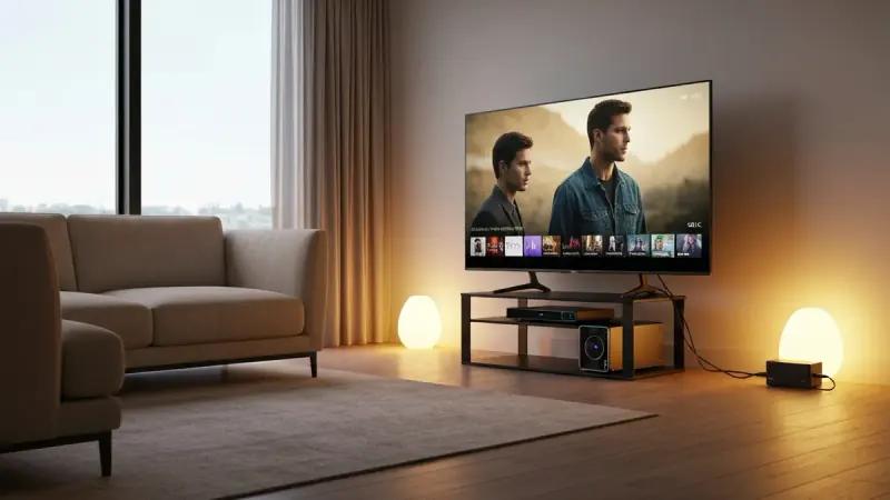 HTPC compact connecté à un téléviseur 4K dans un salon moderne