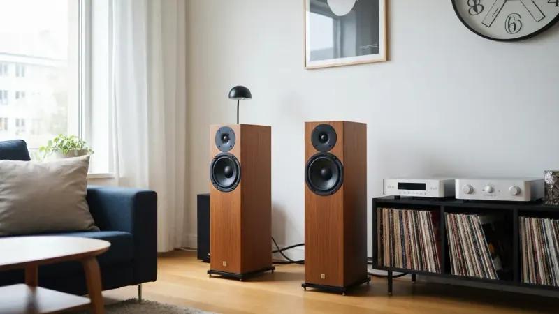 Enceintes colonne haut de gamme dans un salon moderne