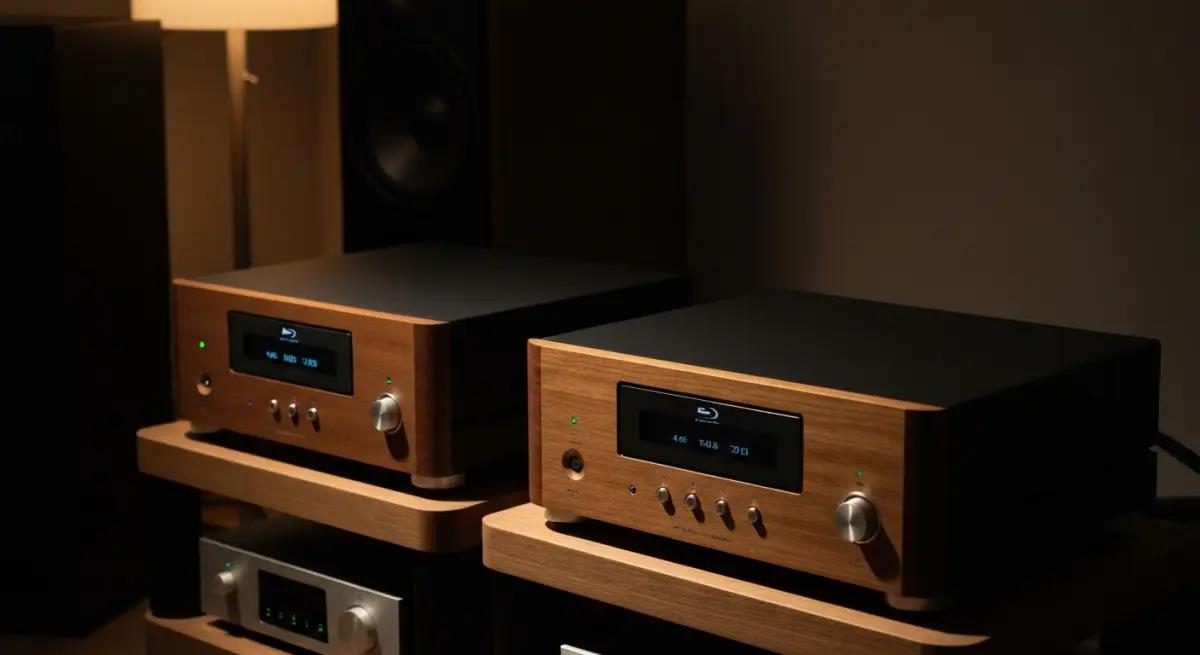 Deux lecteurs Blu-ray 4K cote a cote dans un home cinema moderne
