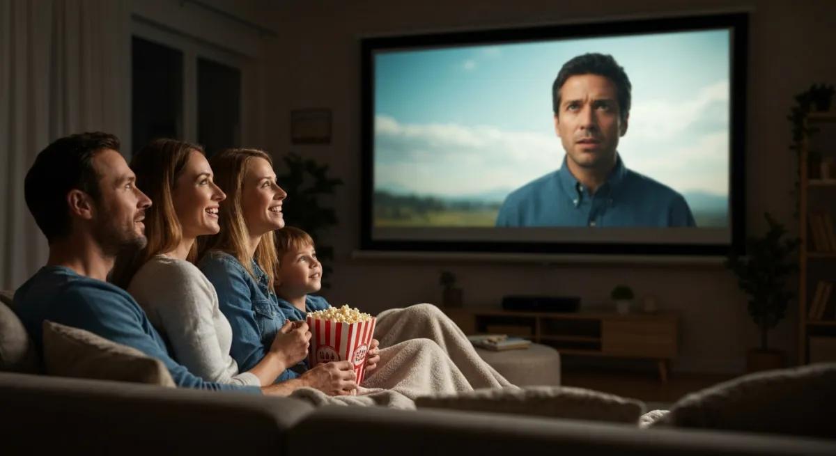 Salon confortable avec écran de télévision diffusant un film