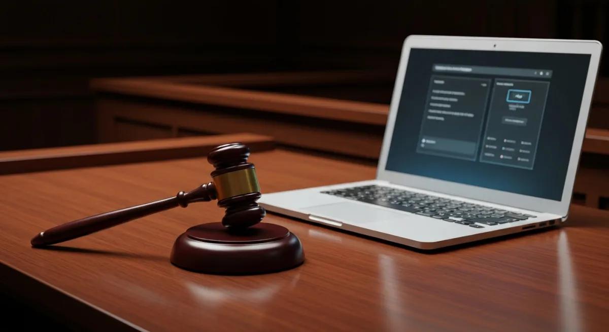 Marteau de justice et écran d'ordinateur symbolisant la lutte anti-piratage
