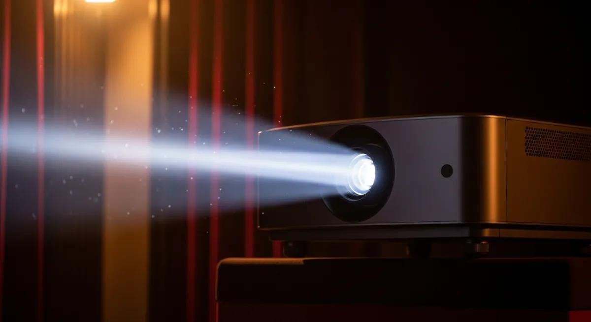 Vidéoprojecteur 4K avec faisceau lumineux dans une pièce sombre