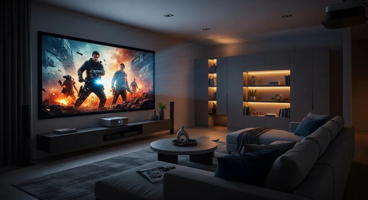 Vidéoprojecteur dans un salon moderne avec écran de projection
